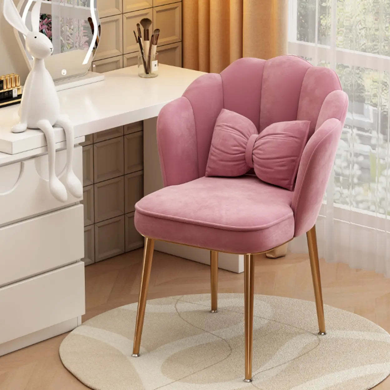 Pink Scalloped Velvet Vanity Stool with Cushion