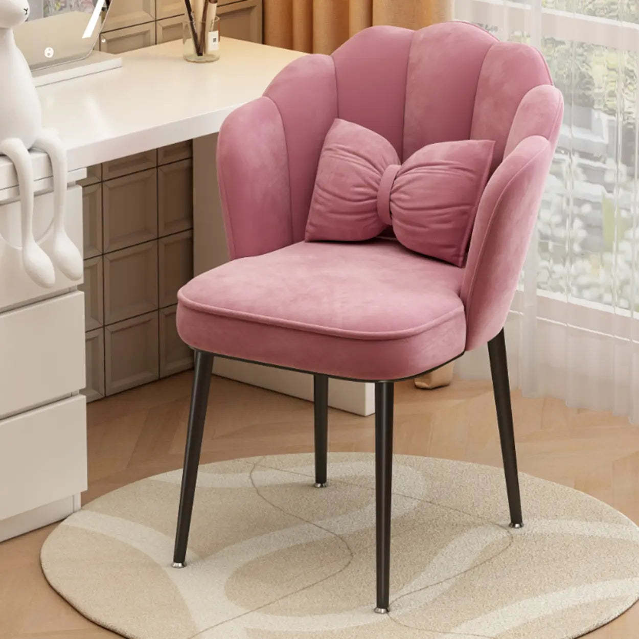 Pink Scalloped Velvet Vanity Stool with Cushion — Gold / White