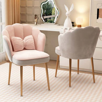 Pink Scalloped Velvet Vanity Stool with Cushion — Gold / Pink