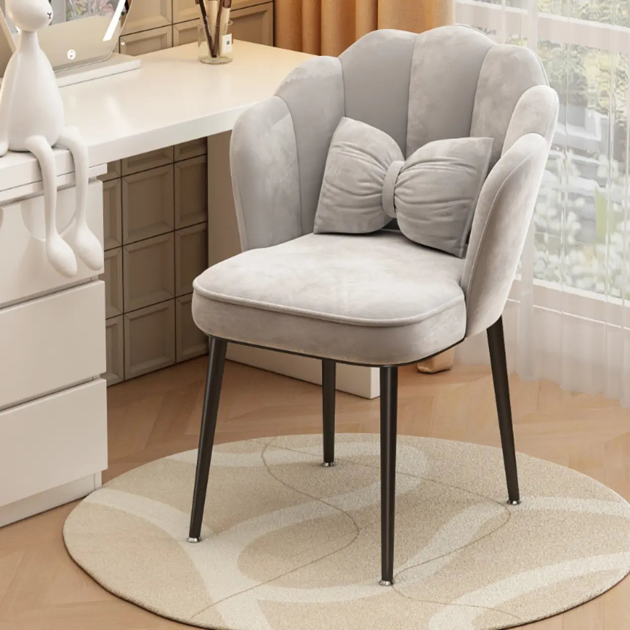 Pink Scalloped Velvet Vanity Stool with Cushion — Gold / Gray/ Blue