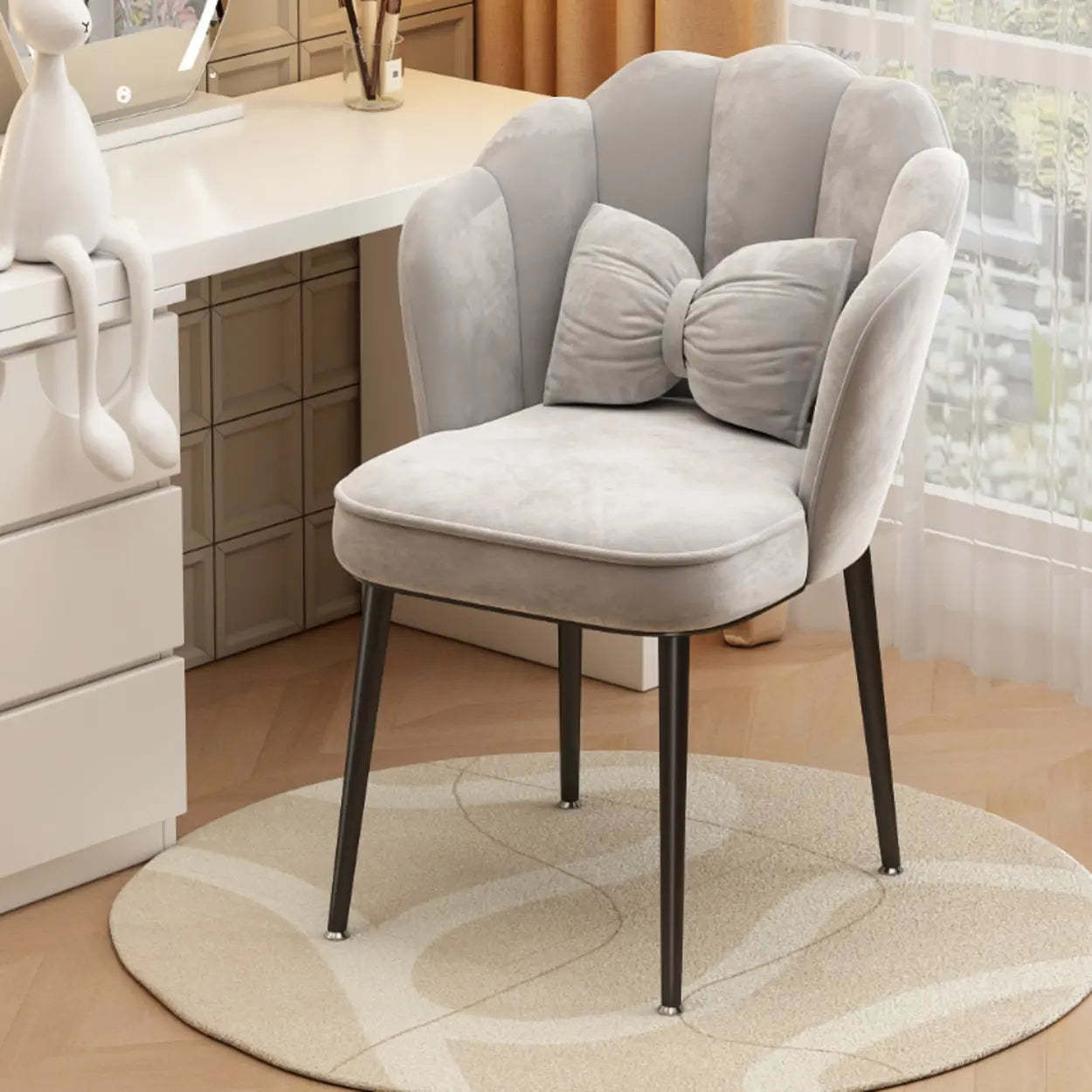 Pink Scalloped Velvet Vanity Stool with Cushion — Gold / Gray/ Blue