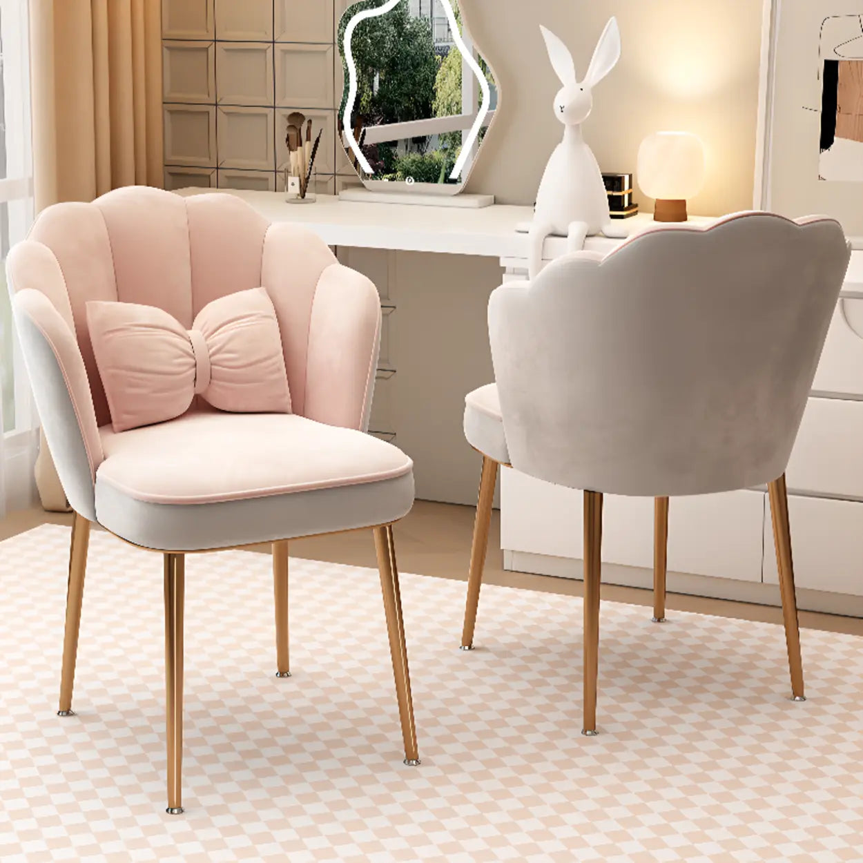 Pink Scalloped Velvet Vanity Stool with Cushion — Gold / Bean Paste Color