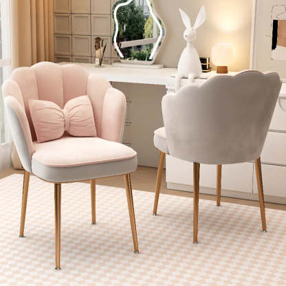 Pink Scalloped Velvet Vanity Stool with Cushion — Gold / Bean Paste Color
