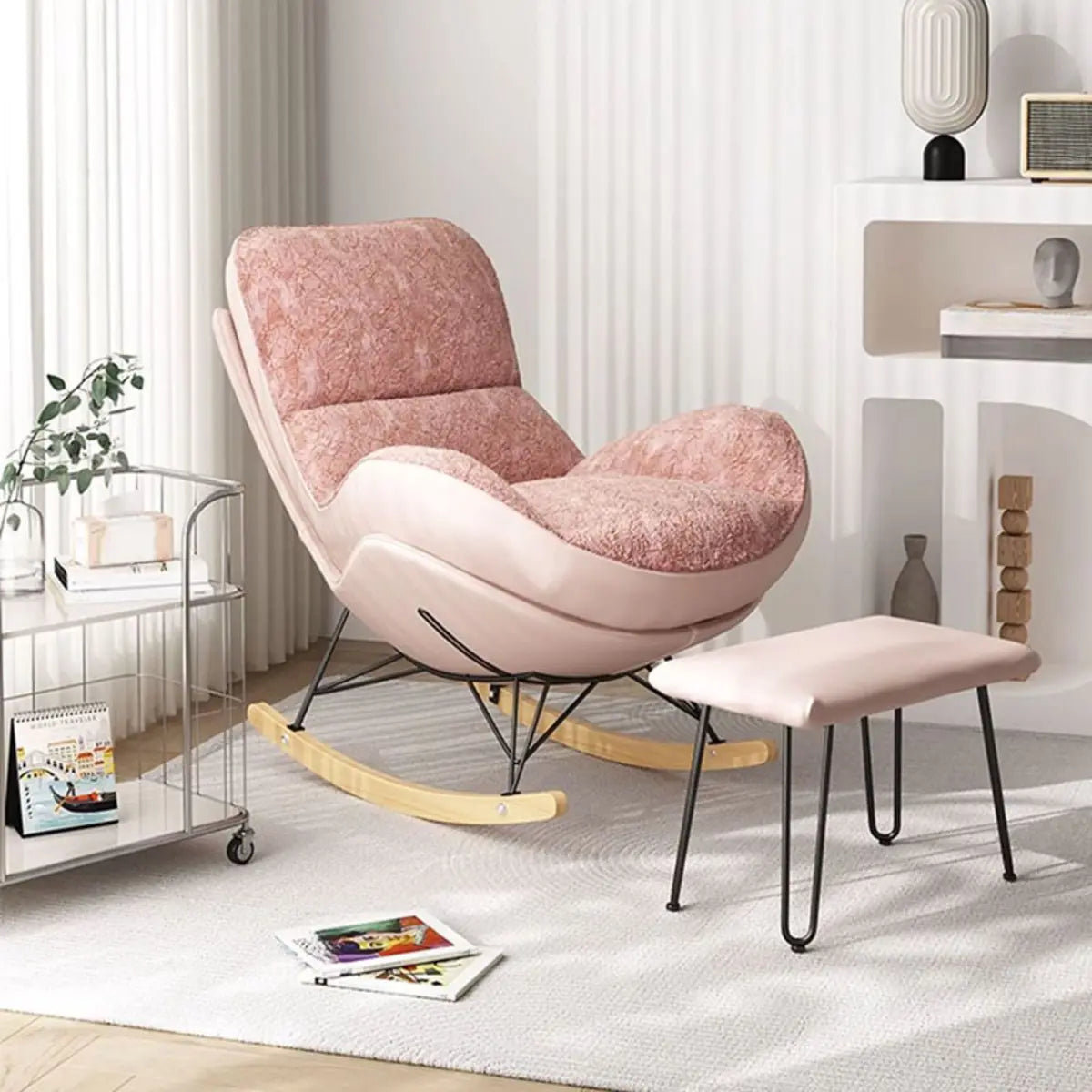 Pink Upholstered Metal Leg Rocking Chair