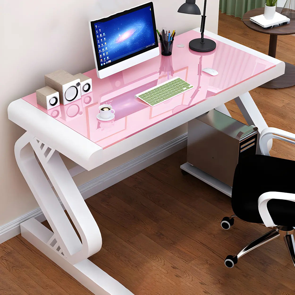 Pink-White Glass Metal Trestle Small Gaming Desk