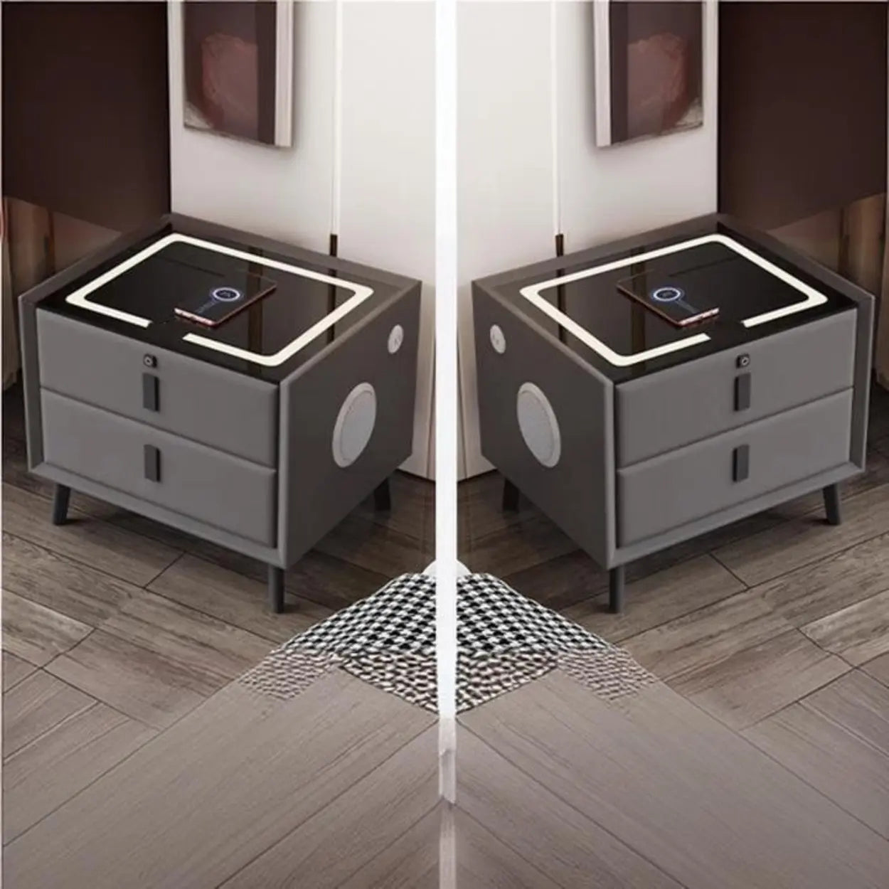 Rectangular Leather Dark Gray Charging Nightstand — Off-White