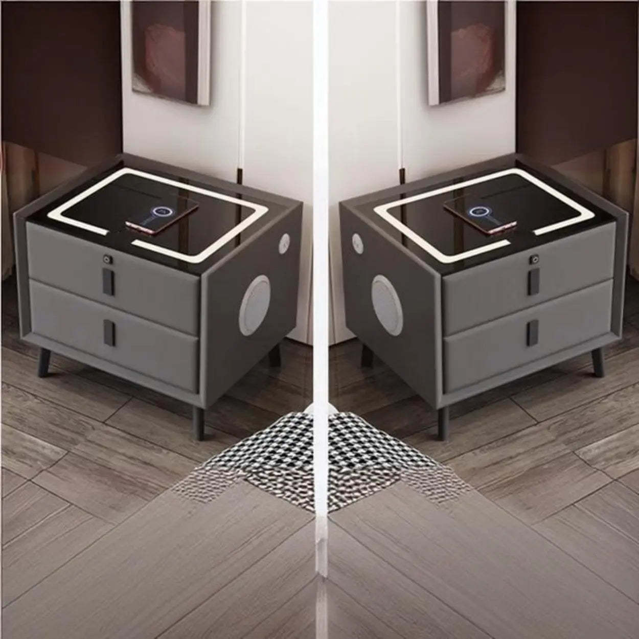 Rectangular Leather Dark Gray Charging Nightstand — Off-White