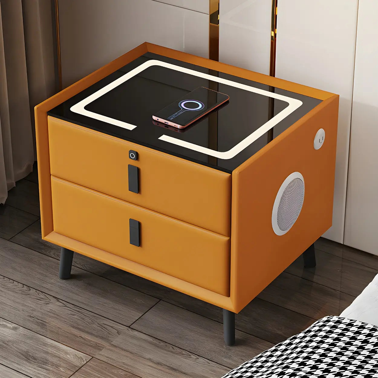 Rectangular Leather Dark Gray Charging Nightstand — Orange
