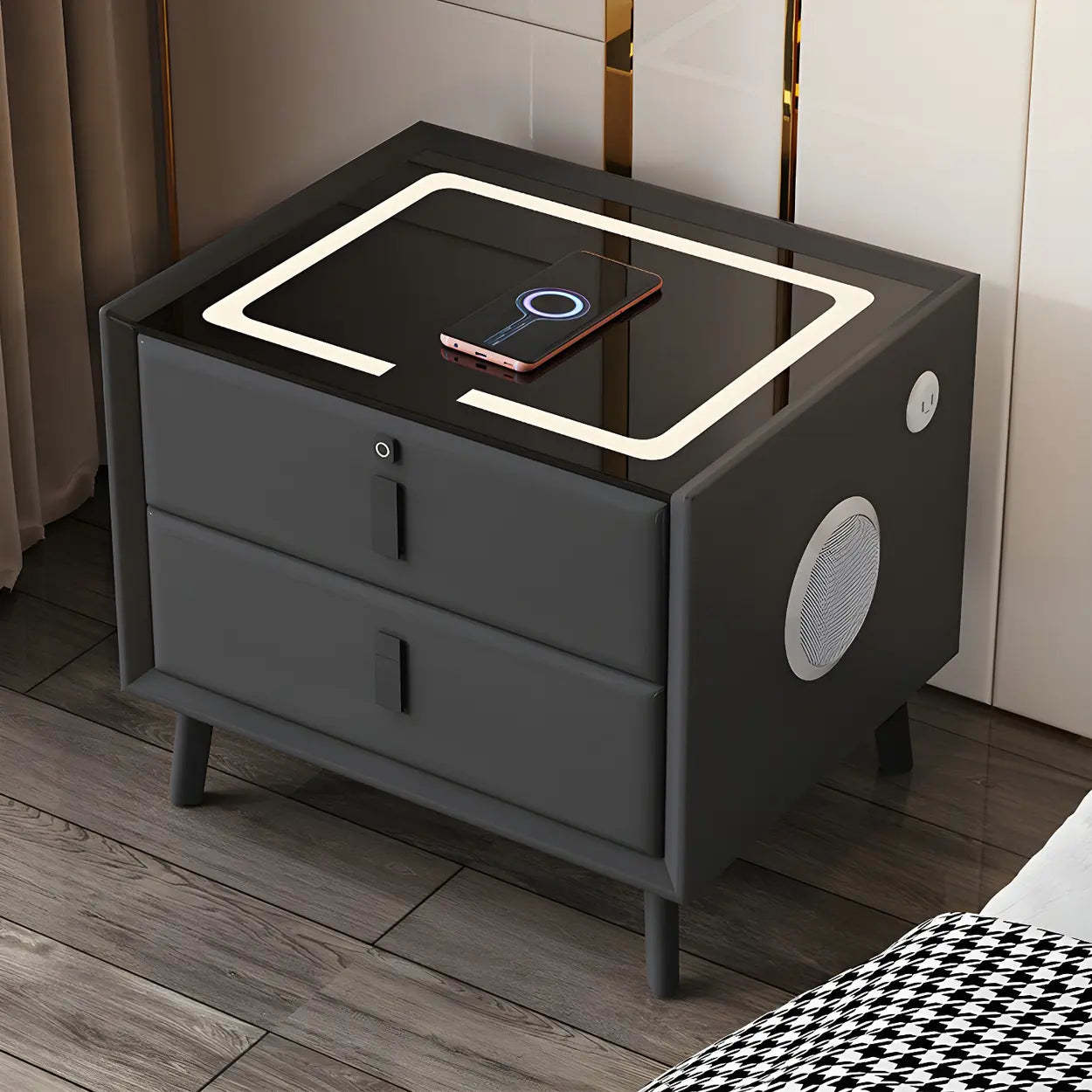Rectangular Leather Dark Gray Charging Nightstand — Light Gray
