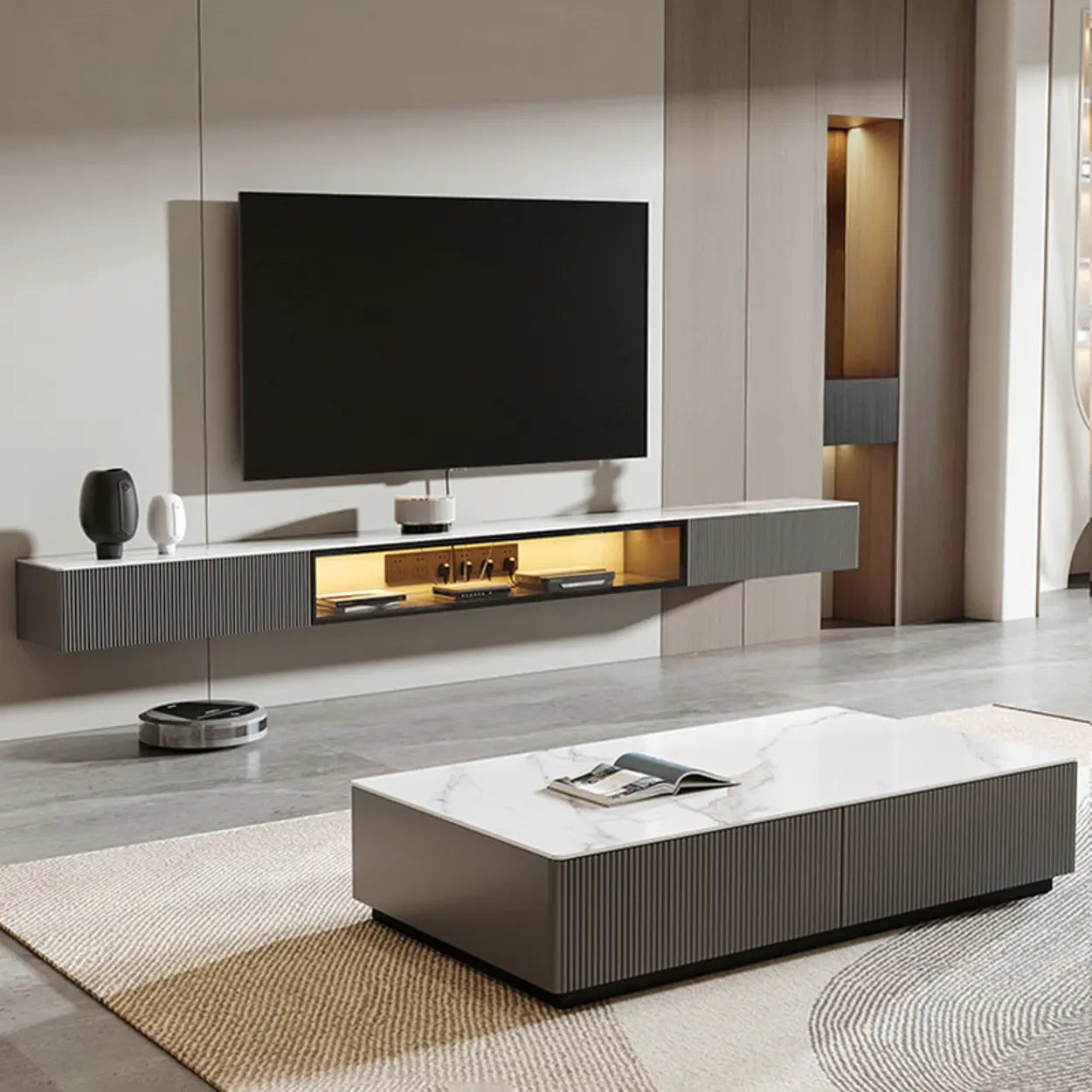 Premium Gray Wall-Mount Stone TV Stand with Lighting