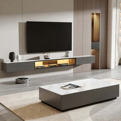 Premium Gray Wall-Mount Stone TV Stand with Lighting — Champagne