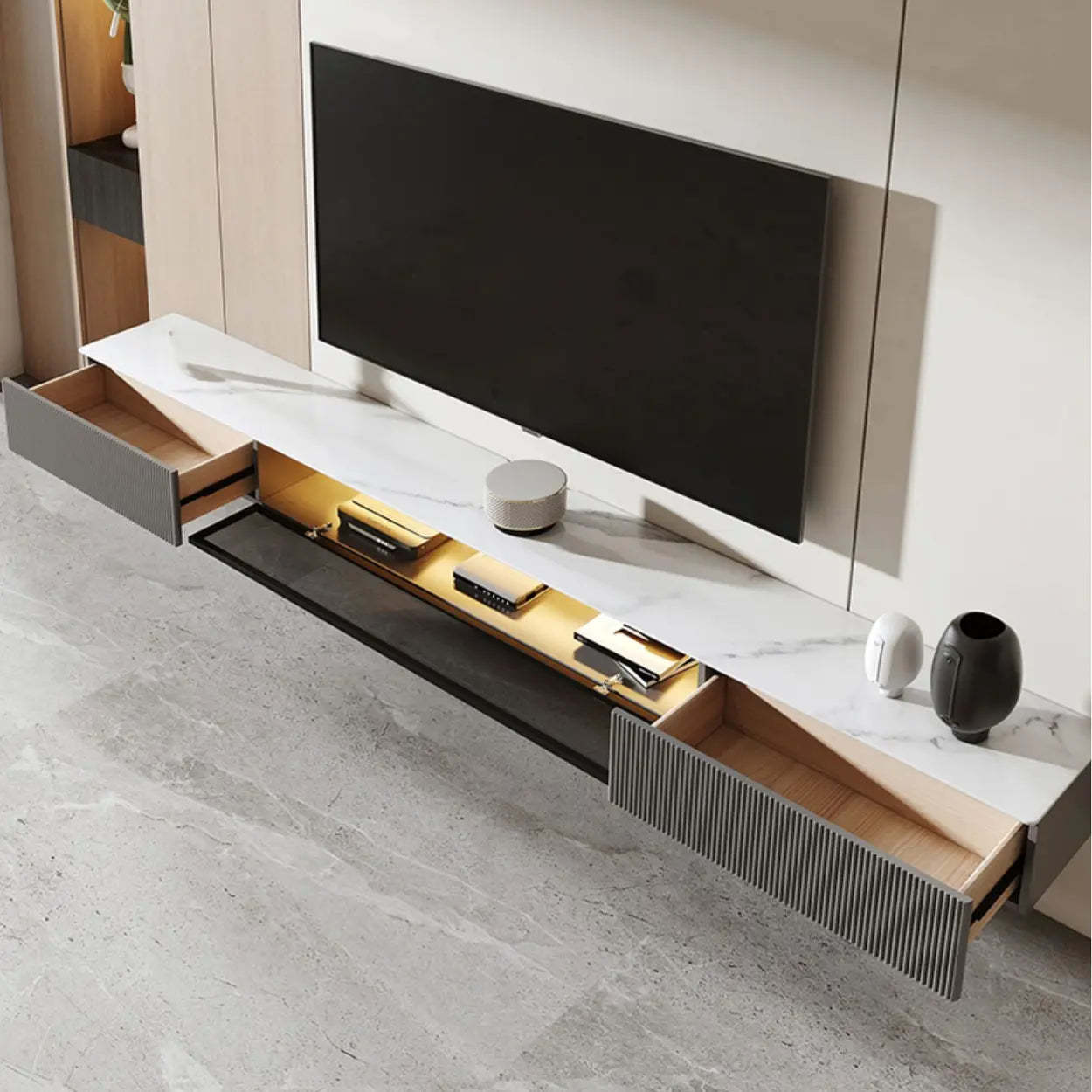 Premium Gray Wall-Mount Stone TV Stand with Lighting