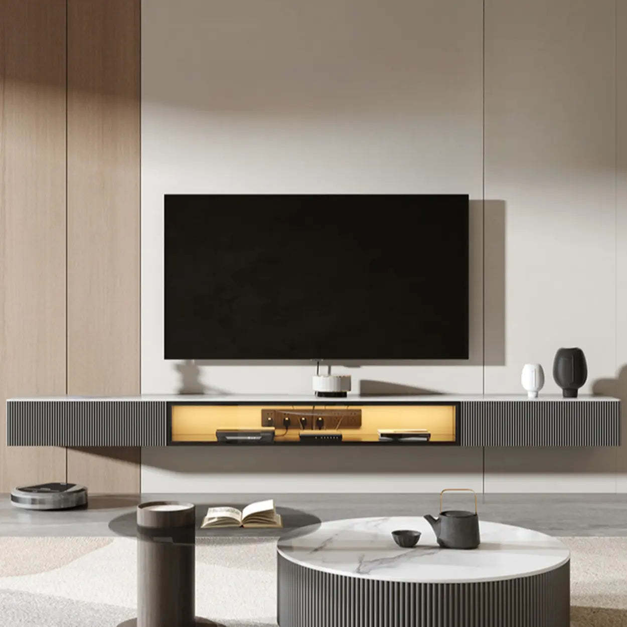 Premium Gray Wall-Mount Stone TV Stand with Lighting