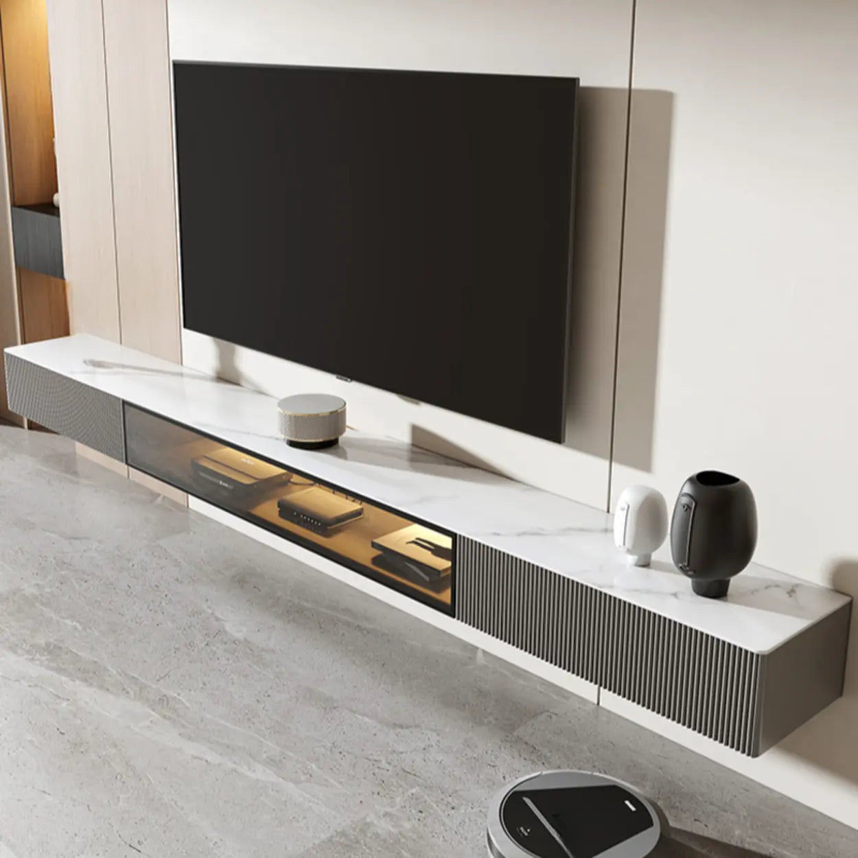 Premium Gray Wall-Mount Stone TV Stand with Lighting