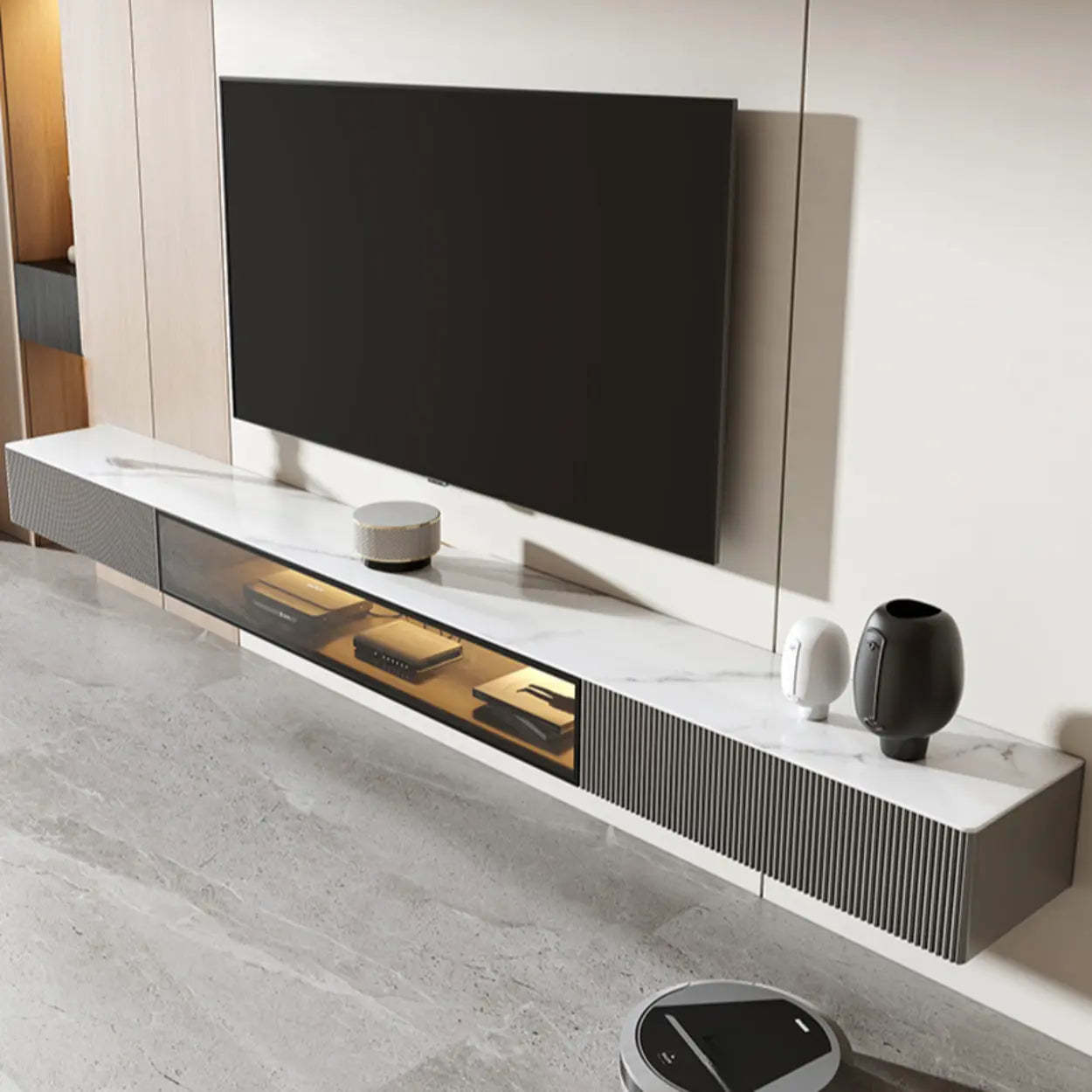 Premium Gray Wall-Mount Stone TV Stand with Lighting