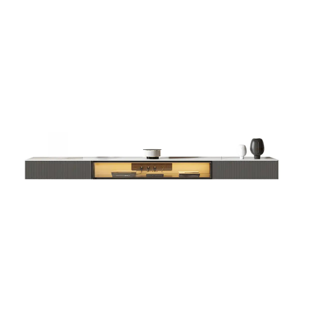 Premium Gray Wall-Mount Stone TV Stand with Lighting — Champagne
