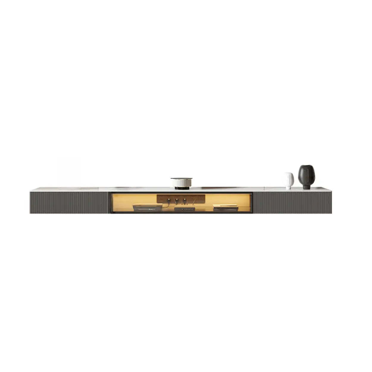 Premium Gray Wall-Mount Stone TV Stand with Lighting — Champagne