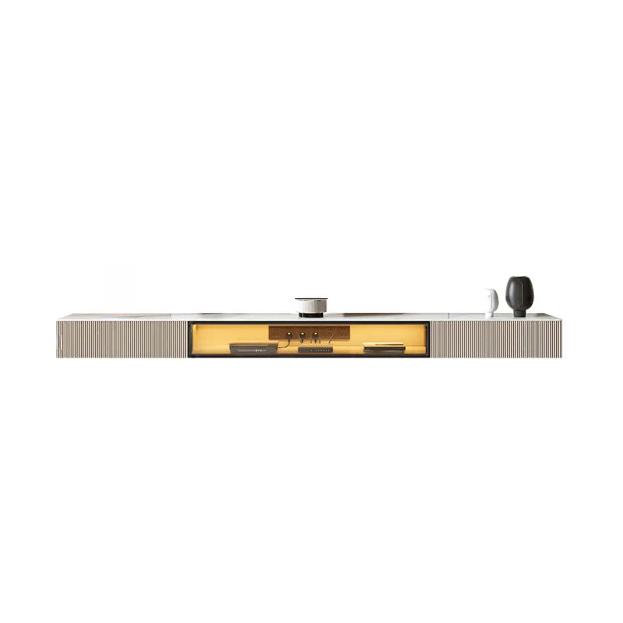 Premium Gray Wall-Mount Stone TV Stand with Lighting — Champagne