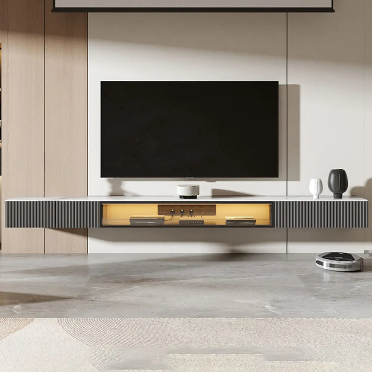 Premium Gray Wall-Mount Stone TV Stand with Lighting — Champagne