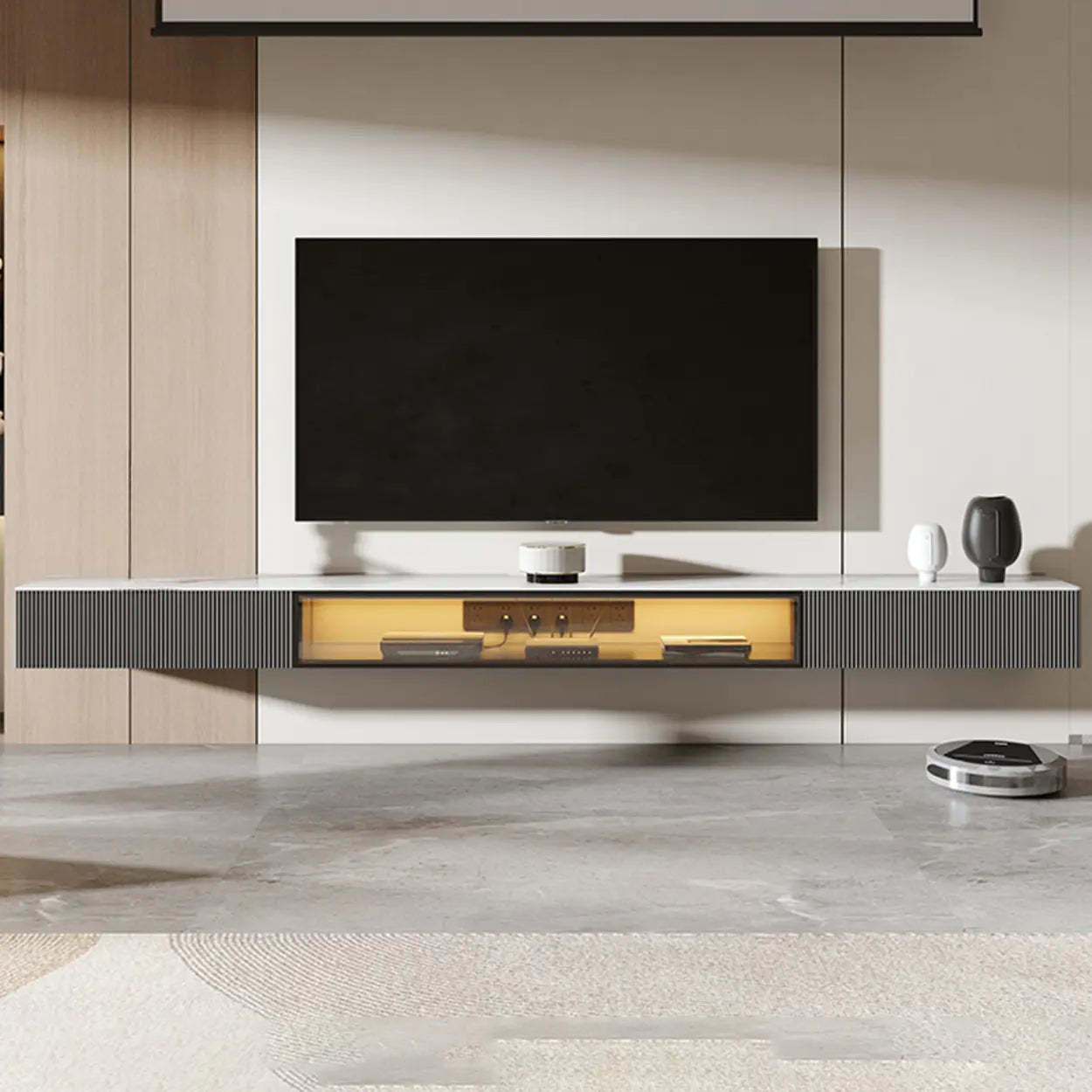Premium Gray Wall-Mount Stone TV Stand with Lighting — Champagne