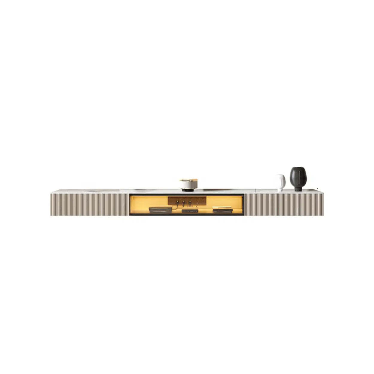 Premium Gray Wall-Mount Stone TV Stand with Lighting — Champagne