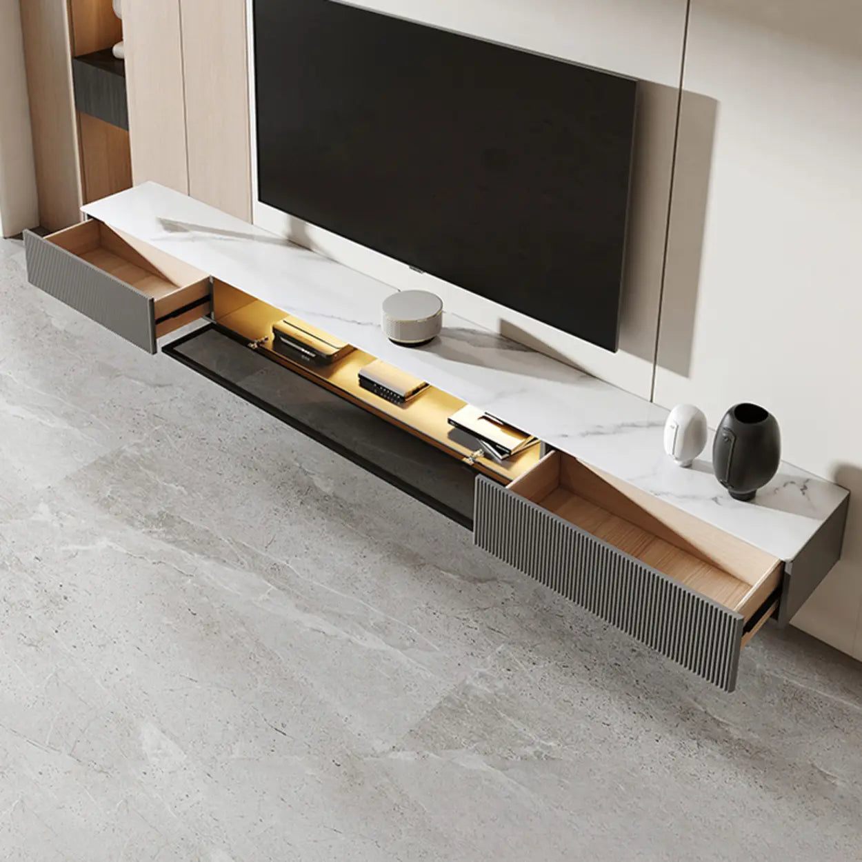 Premium Gray Wall-Mount Stone TV Stand with Lighting — Premium Grey
