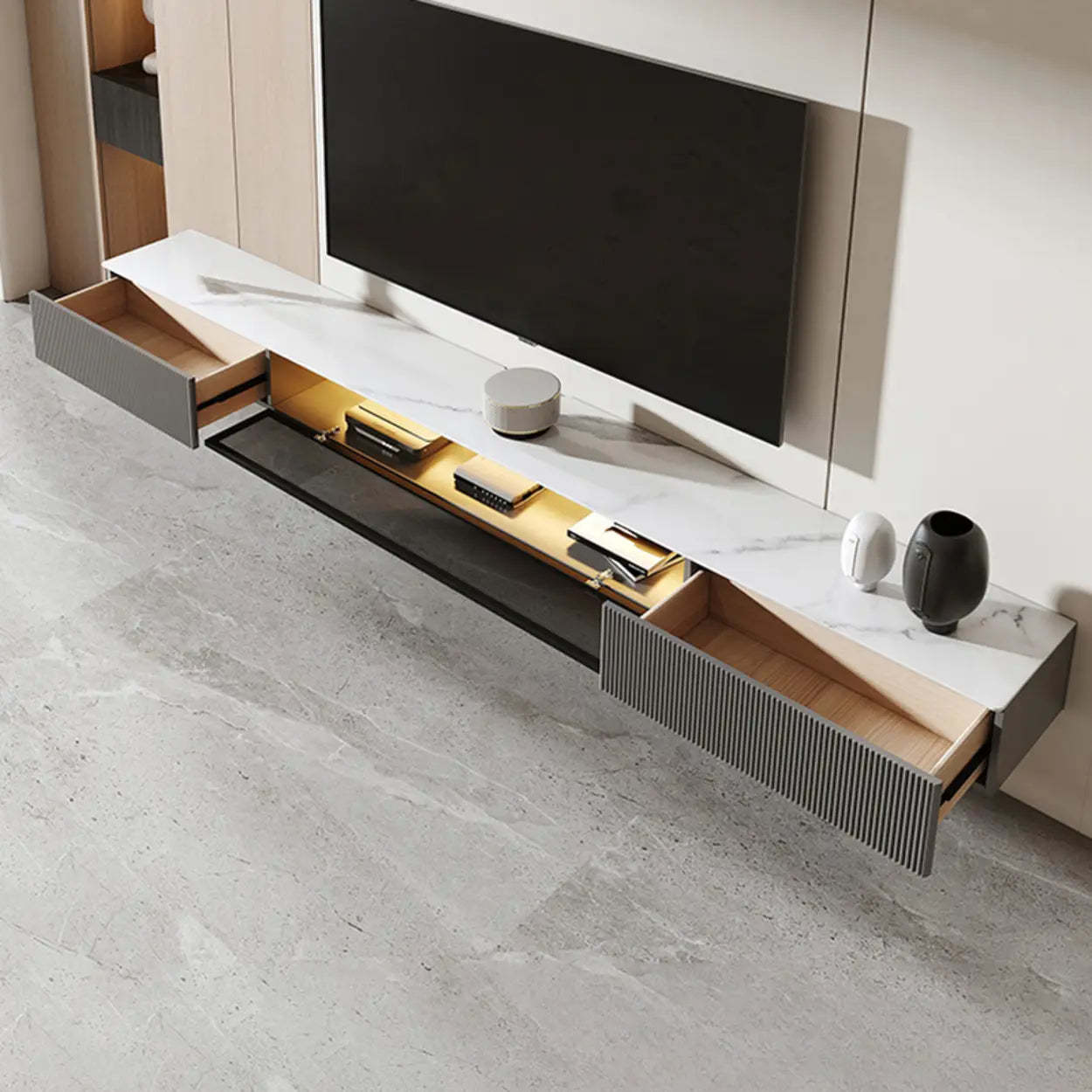 Premium Gray Wall-Mount Stone TV Stand with Lighting — Premium Grey