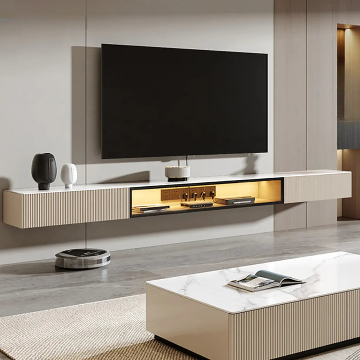 Premium Gray Wall-Mount Stone TV Stand with Lighting — Premium Grey