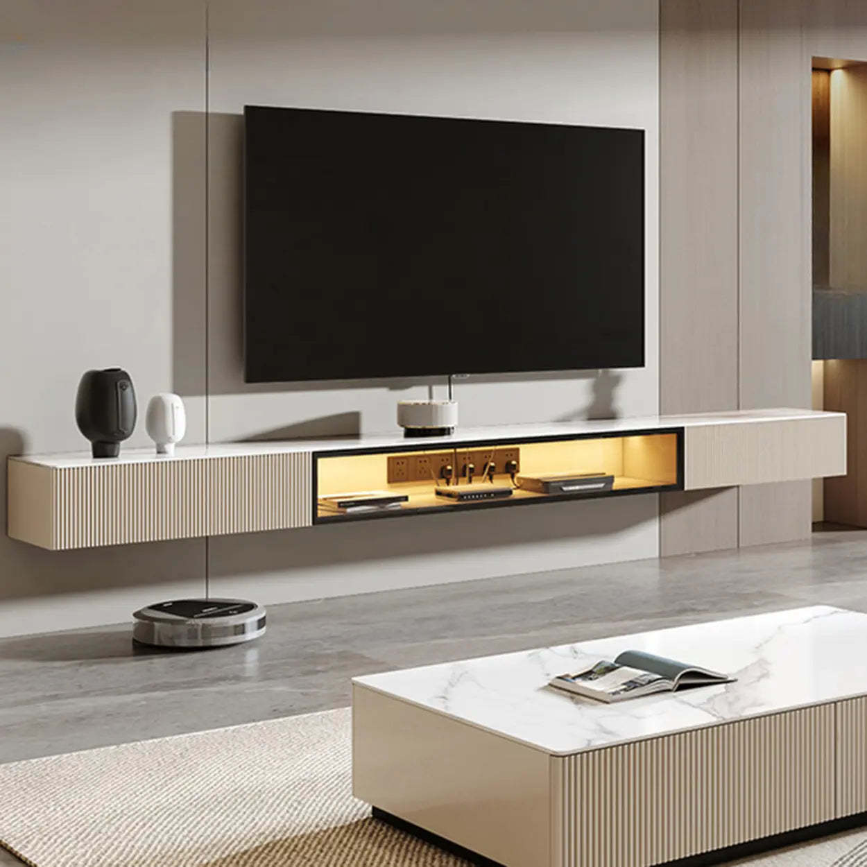 Premium Gray Wall-Mount Stone TV Stand with Lighting — Premium Grey