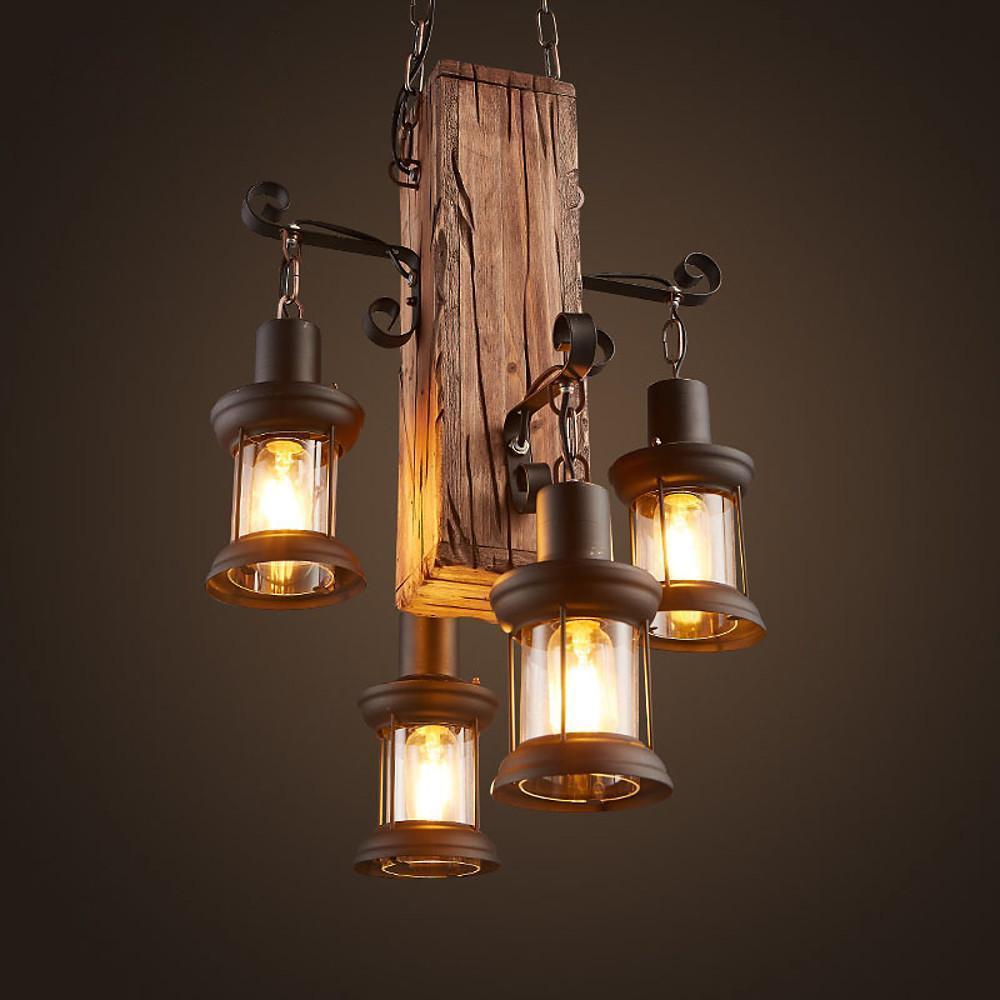 Lodge Style Farmhouse Chandelier Wooden Dining Room Chandeliers with 4 Lanterns Lights-Lighom