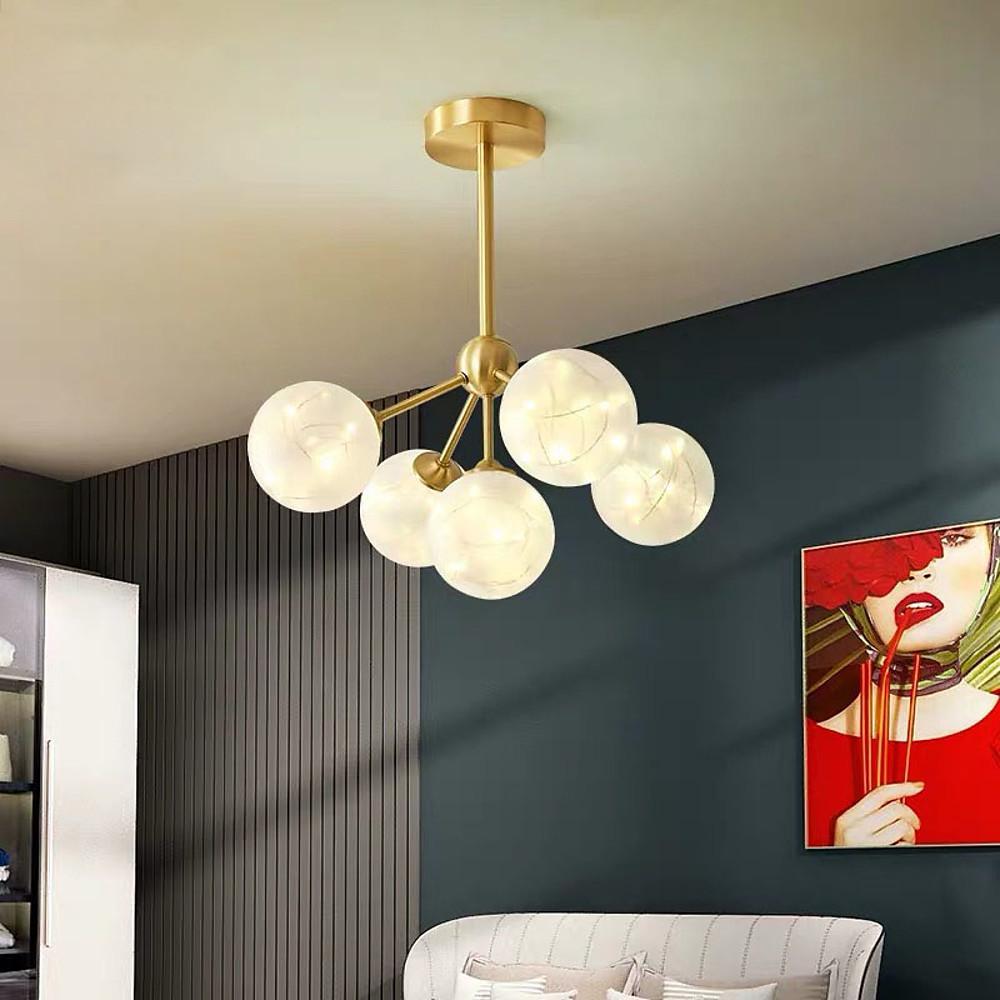 5-Globe Glass Brass Ornate LED Flush Mount