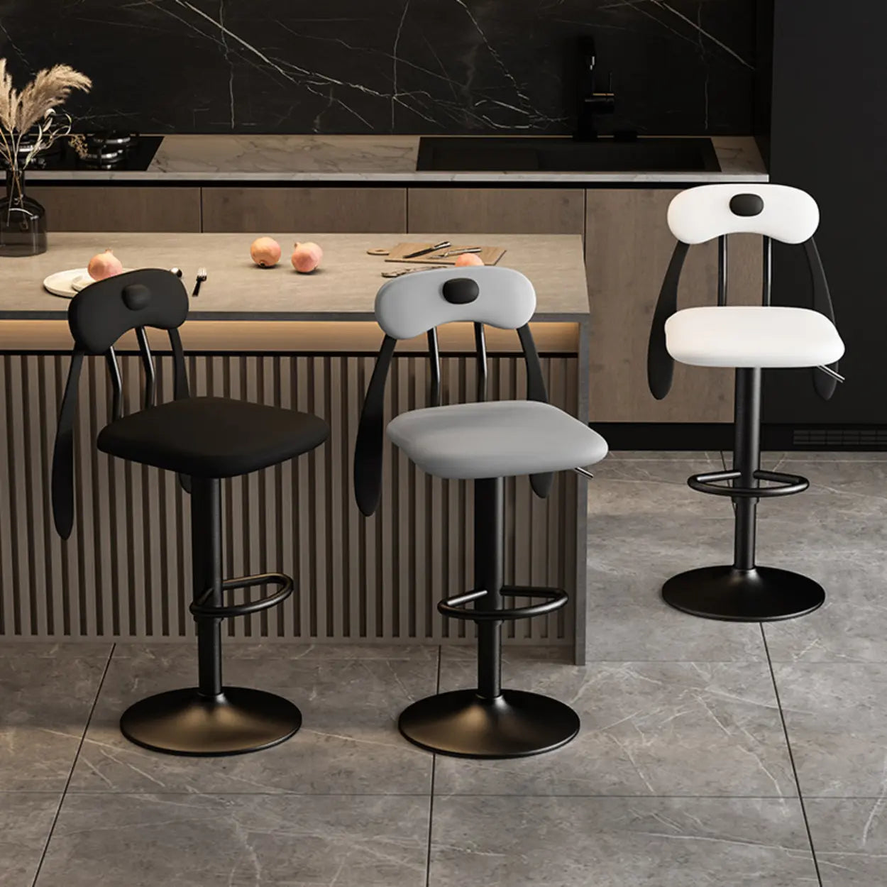 Rabbit Ears Square Leather Swivel Bar Stool — Off-White / Silver
