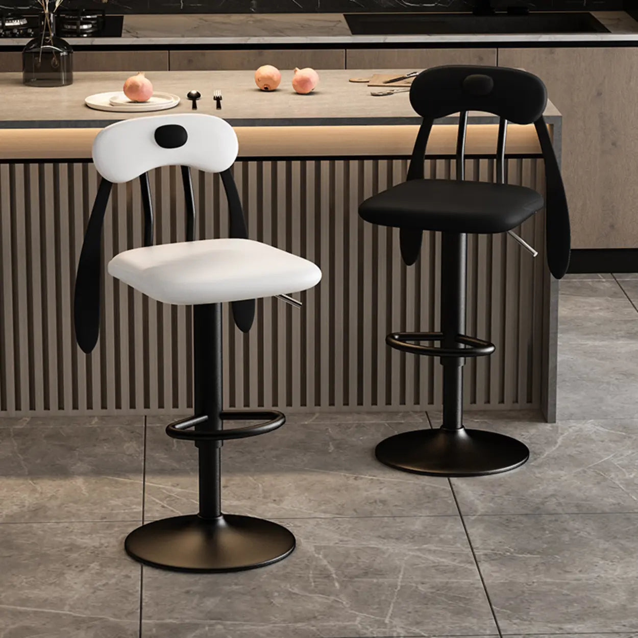 Rabbit Ears Square Leather Swivel Bar Stool — Light Gray / Silver