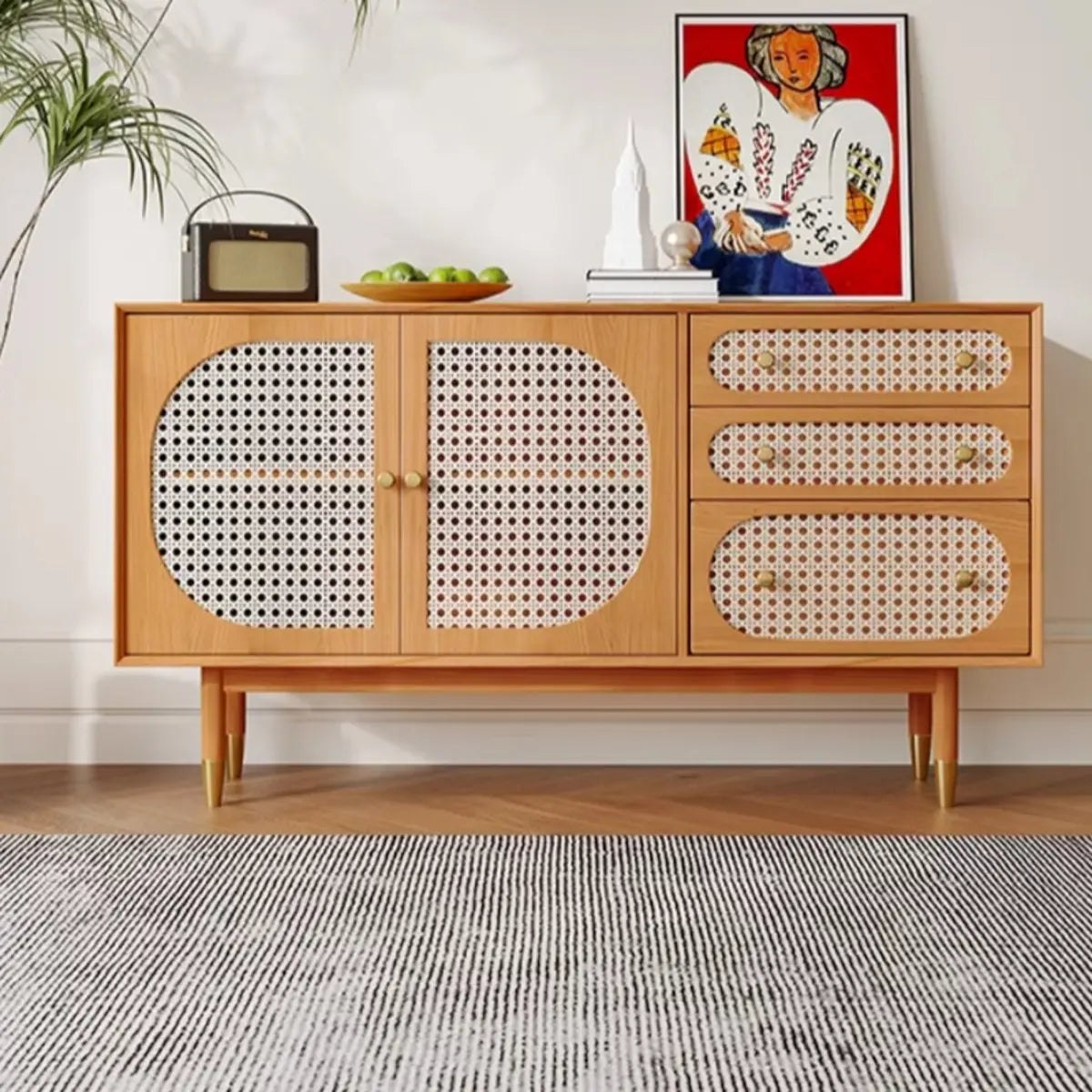 Rattan-Weaved Door Natural Wood Floor Buffet