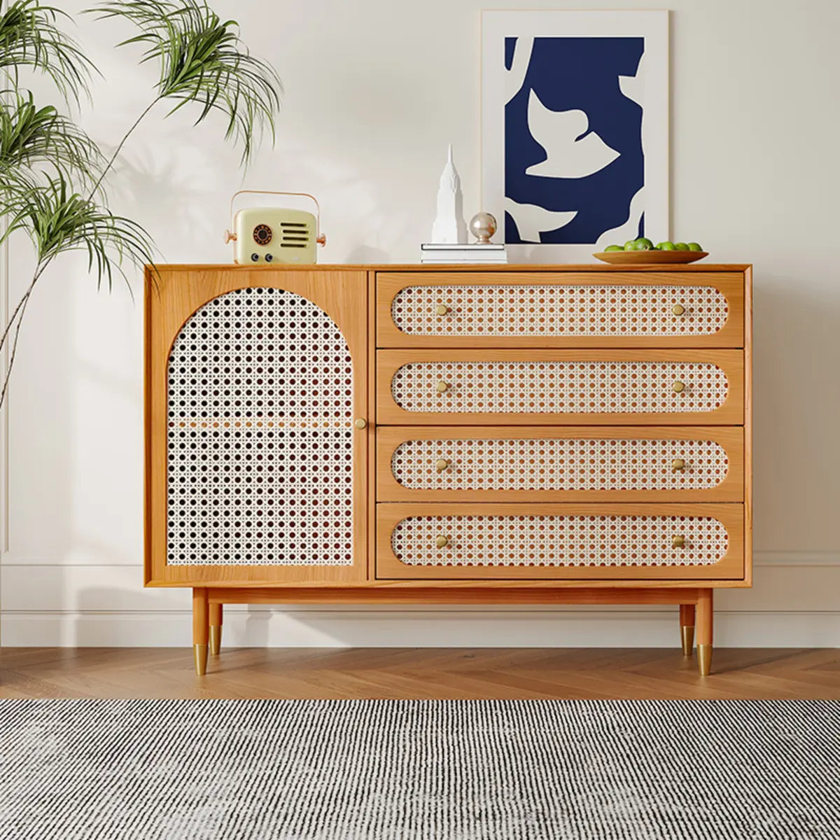 Rattan-Weaved Door Natural Wood Floor Buffet — Natural Finish / Rattan-Weaved