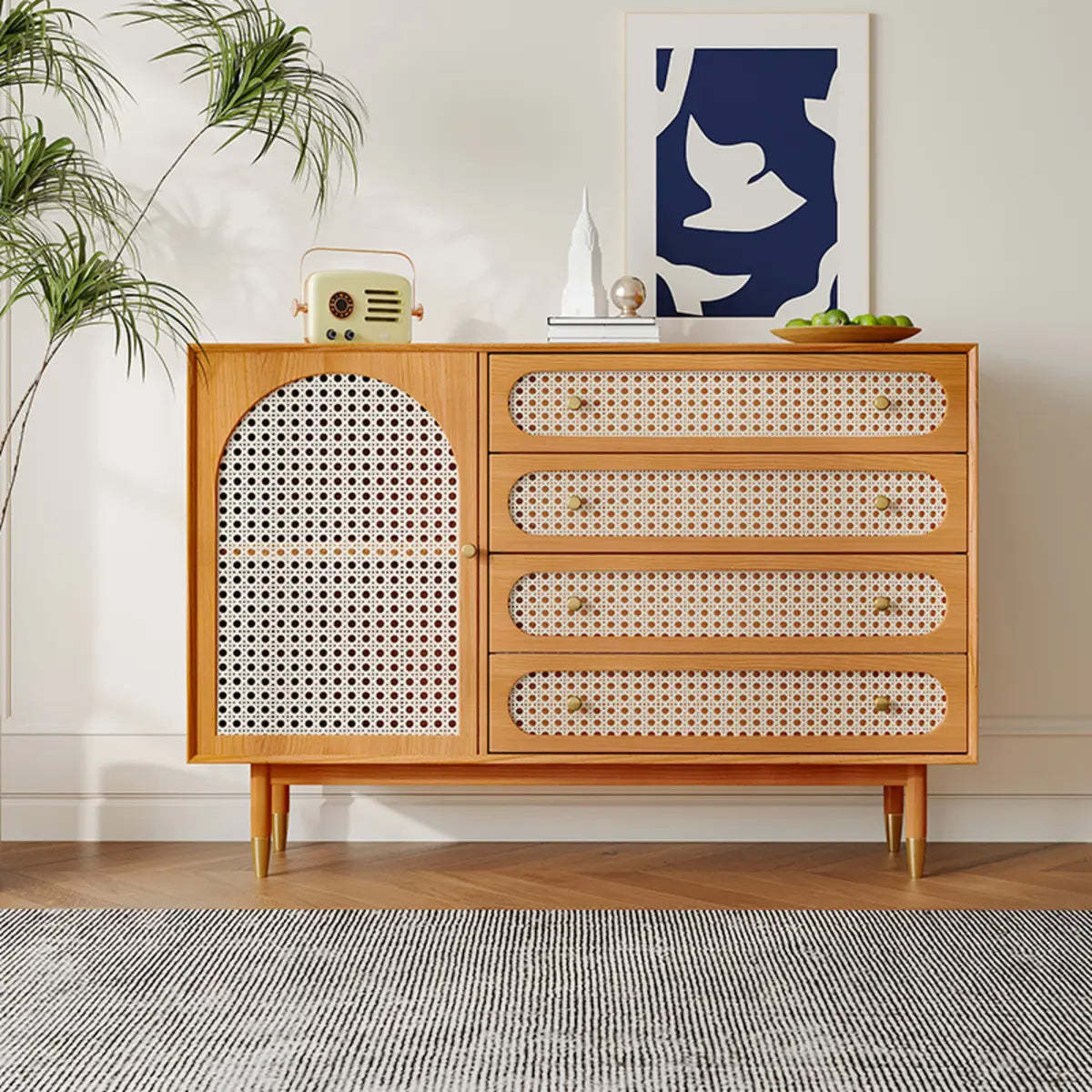Rattan-Weaved Door Natural Wood Floor Buffet — Natural Finish / Rattan-Weaved