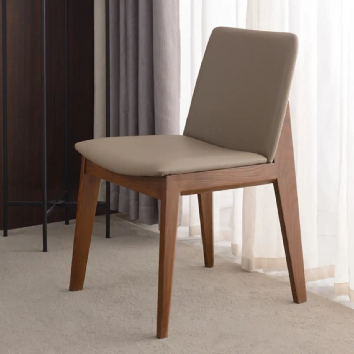 Khaki Rectangle Backrest Faux Leather Wood Dining Chair
