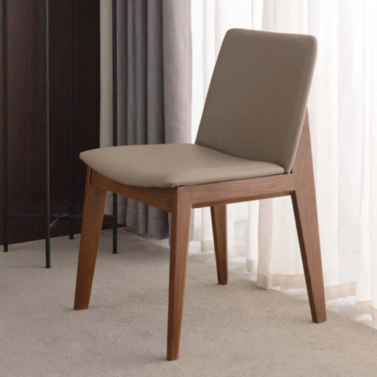 Khaki Rectangle Backrest Faux Leather Wood Dining Chair — Dark Coffee