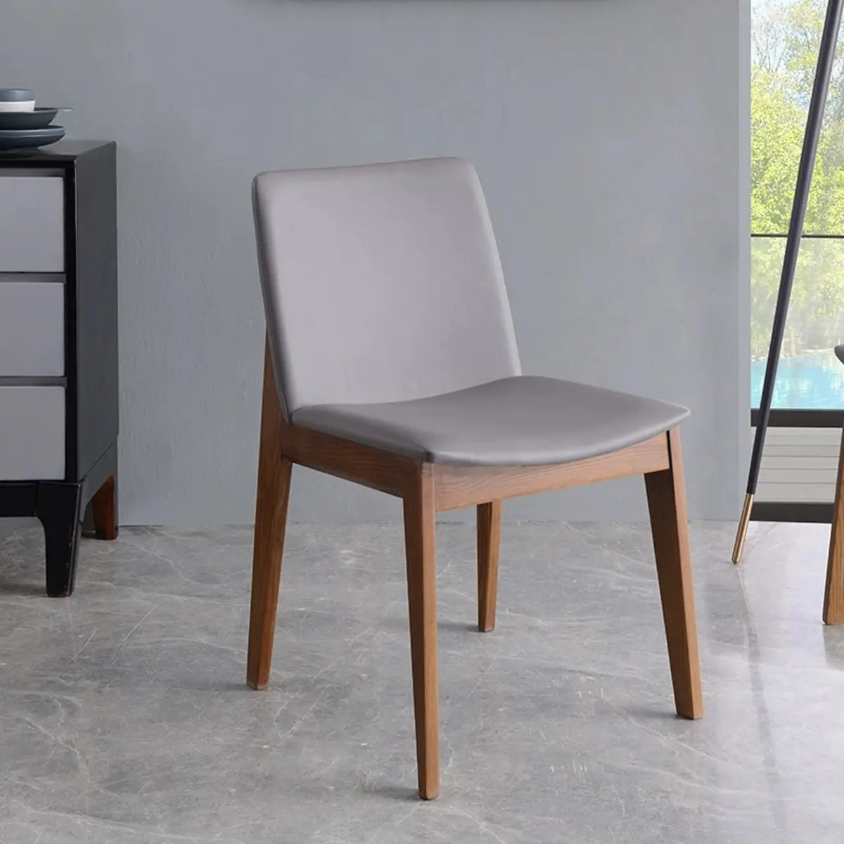 Khaki Rectangle Backrest Faux Leather Wood Dining Chair — Khaki