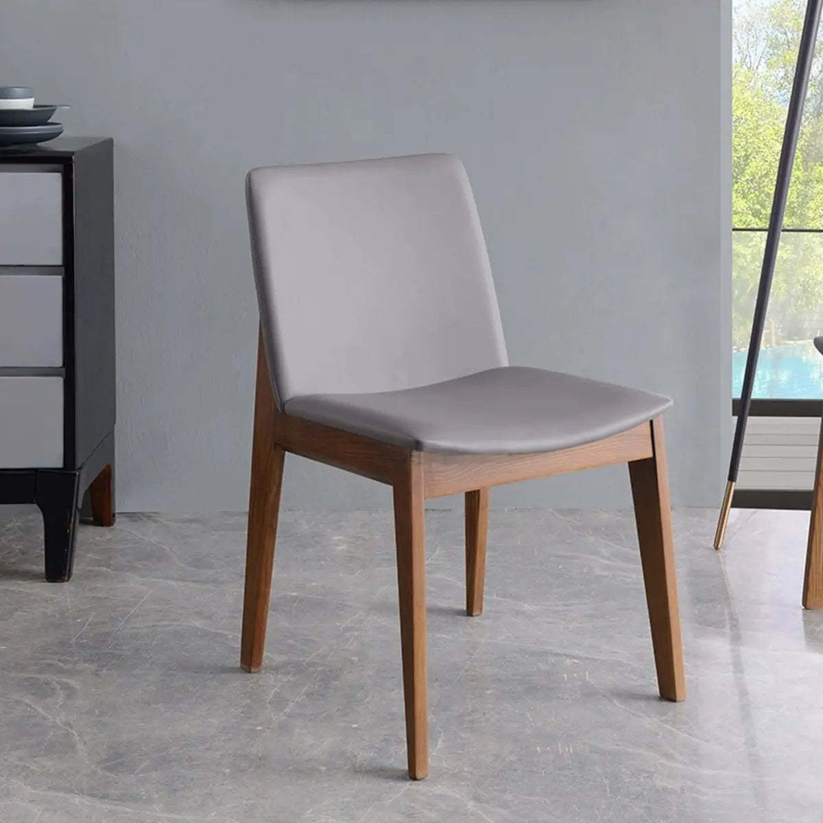 Khaki Rectangle Backrest Faux Leather Wood Dining Chair — Khaki
