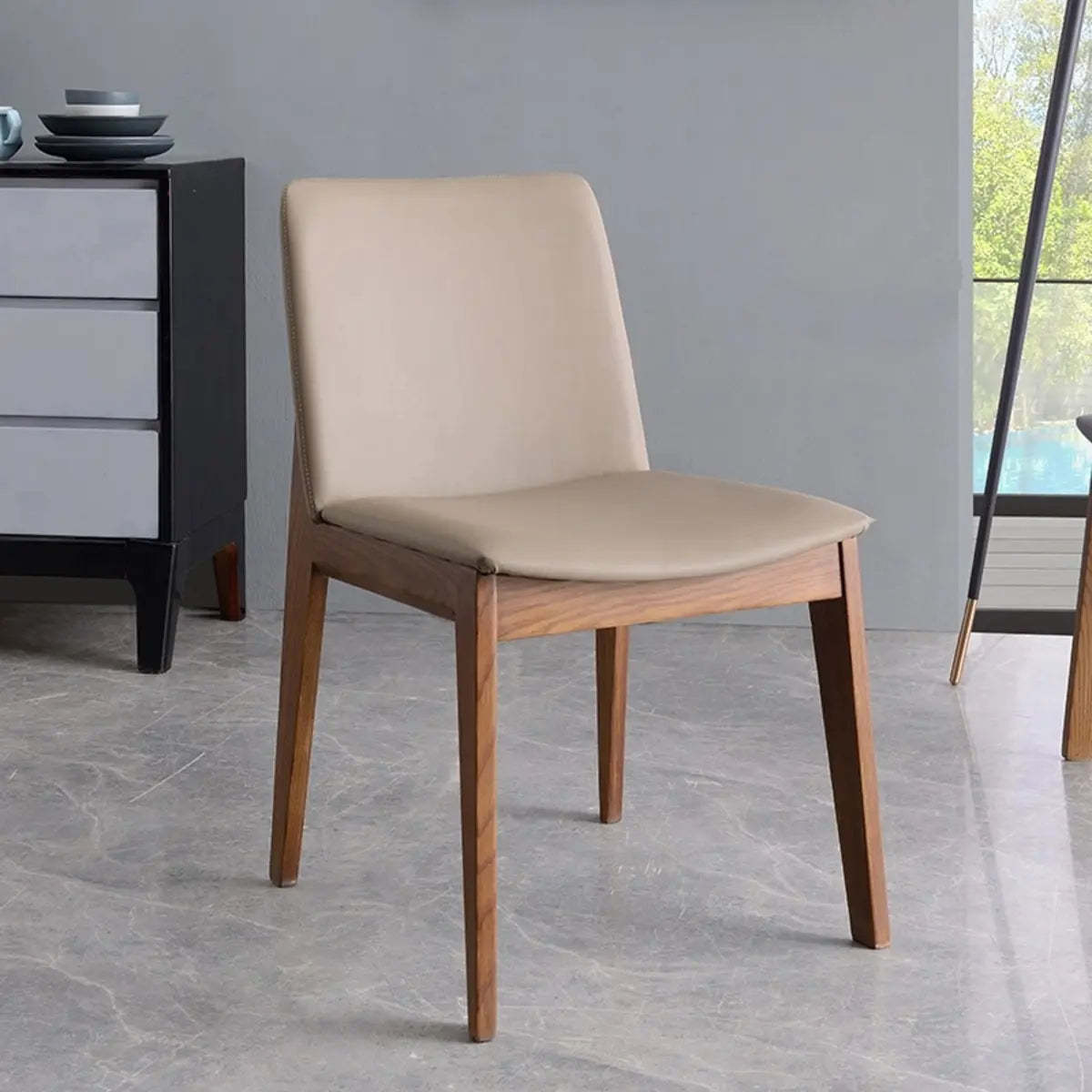 Khaki Rectangle Backrest Faux Leather Wood Dining Chair — Orange Red