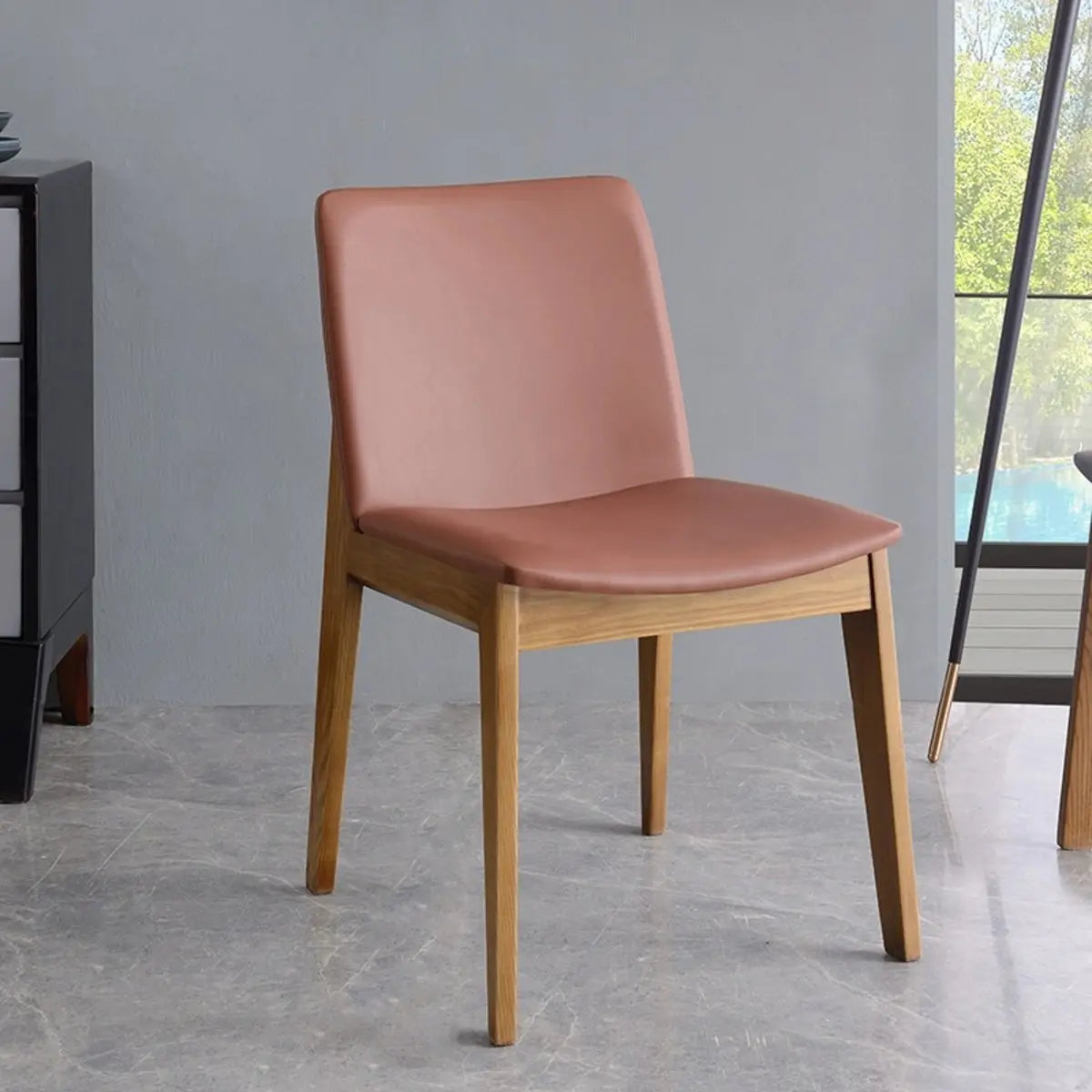 Khaki Rectangle Backrest Faux Leather Wood Dining Chair
