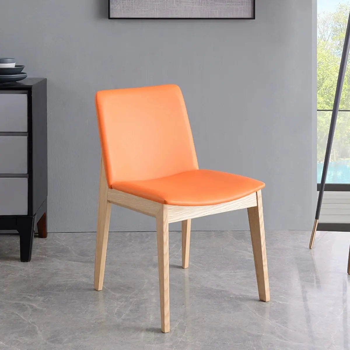 Khaki Rectangle Backrest Faux Leather Wood Dining Chair
