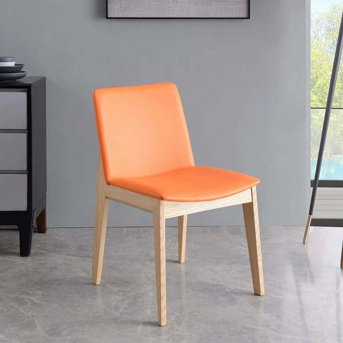 Khaki Rectangle Backrest Faux Leather Wood Dining Chair
