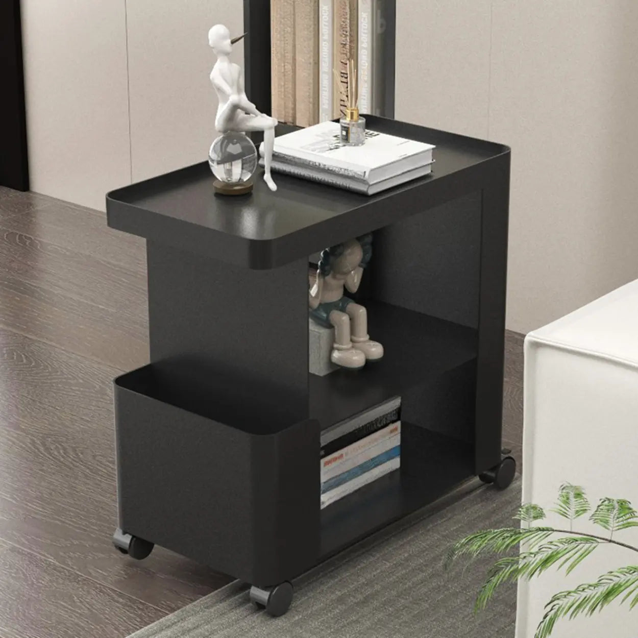 Black Iron 3-Tier Rectangular Side Table with Casters — White / Glass