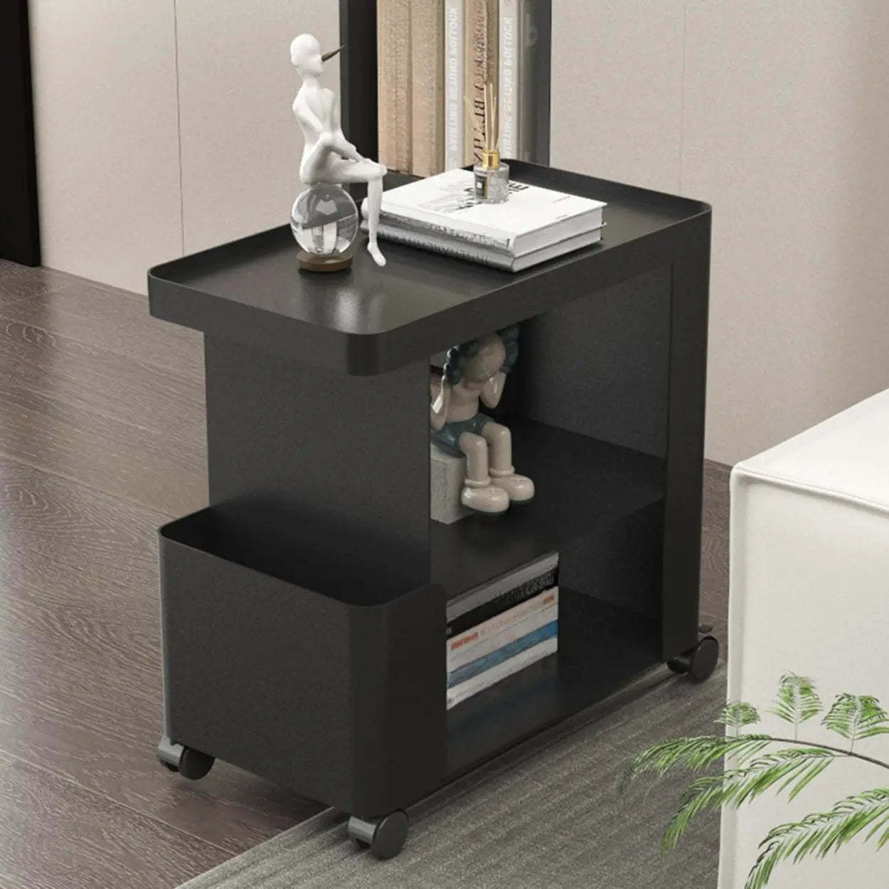 Black Iron 3-Tier Rectangular Side Table with Casters — White / Glass