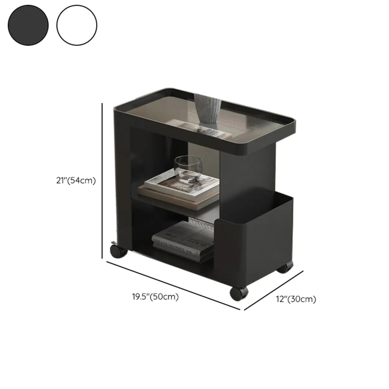 Black Iron 3-Tier Rectangular Side Table with Casters — Black / Glass