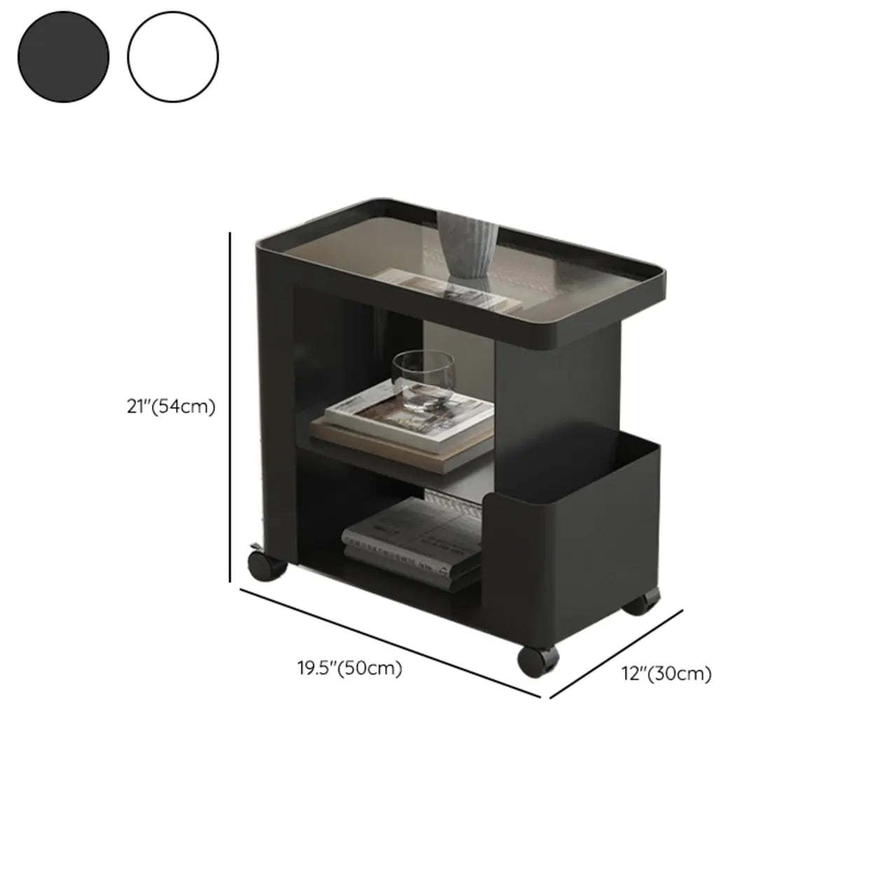 Black Iron 3-Tier Rectangular Side Table with Casters — Black / Glass