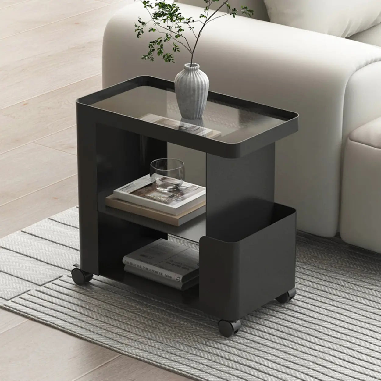 Black Iron 3-Tier Rectangular Side Table with Casters