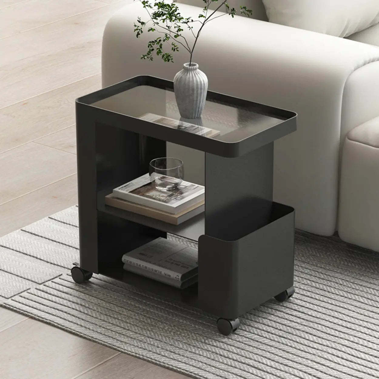 Black Iron 3-Tier Rectangular Side Table with Casters